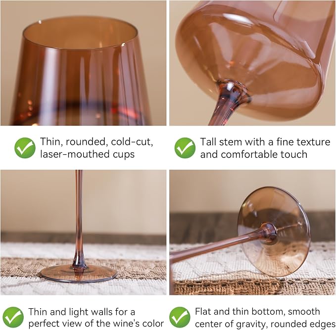 Brown Wine Glasses Set of 6,18oz Dark Amber Wine Glassware Gift Set for Party Brown Hand Blown Glass Drinkware for Red White Wine gifts set for wine lovers