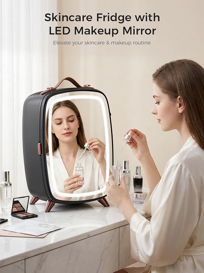 COWSAR Mini Fridge for Bedroom with Dimmable LED Light Mirror, 6 Liter/8 Can Skincare Fridge with Top Leather Handle, Portable Small Refrigerator Cooler for Cosmetic, Beverage and Food, Dorm, Office