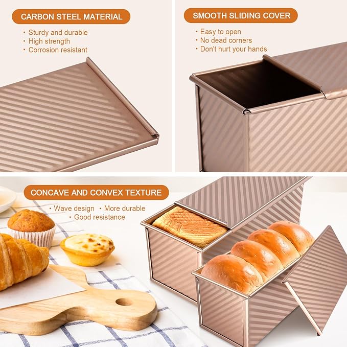 2Pack Loaf Pans with Lids – 2.2 LB & 1 LB Dough Capacity, Non-Stick Carbon Steel Bread Pans for Homemade Sandwich and Sourdough Bread, Corrugated Toast Mold