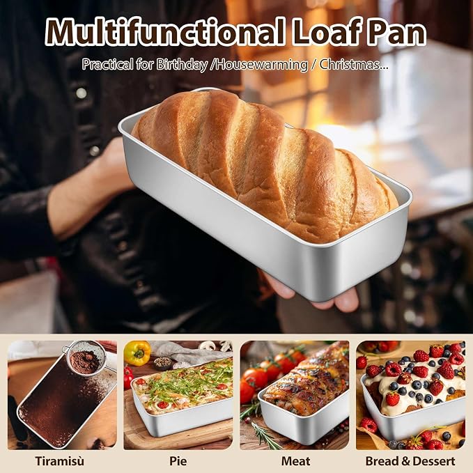 P&P CHEF Loaf Pans for Baking Bread, 12 x 5 Inch Large Stainless Steel Bread Loaf Pan Tins for Homemade Meatloaf Cake Brownies, Healthy & Sturdy, Oven & Dishwasher Safe, 2Pcs