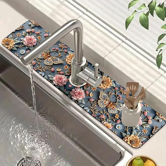 Gold Butterfly Kitchen Sink Splash Guard Faucet Mat Pink Floral Super Absorbent Fast Drying Mat Sink Splash Guard Behind Faucet for Kitchen Bathroom, 23.5"x5.5"