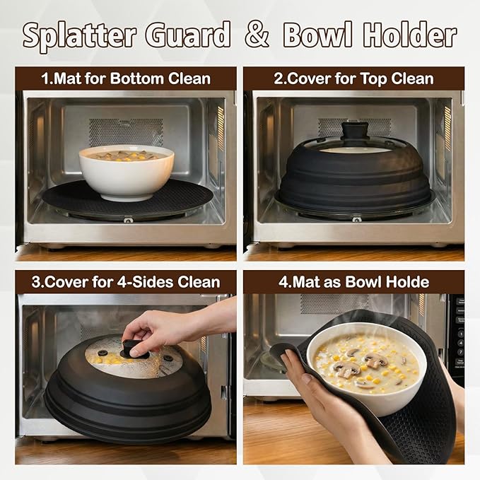 Lzerking Microwave Splatter Cover & Silicone Mat, 10.8 inch Glass Splatter Guard Lid with Collapsible Silicone for Food, Fits 6-10 inch Pot Plate Bowl, Heat Resistant, Dishwasher Safe, Kitchen, Black