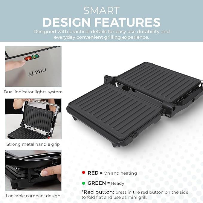 Alpha Living Electric Griddle Panini Press Sandwich Maker – Stainless Steel Panini Grill Press Sandwich Maker with Aluminum Griddle – Non-Stick Coating – 180-Degree Hinge for Thick and Thin Foods