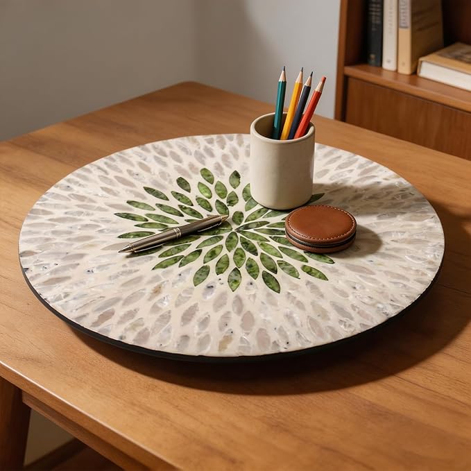13.4" Mother of Pearl Lazy Susan, Table Centerpiece Round Shell Decorative Lazy Susan Turntable Rotating Tray Organizer for Cabinet Counter Gift Kitchen Office Cafe Home Decor (White Green)