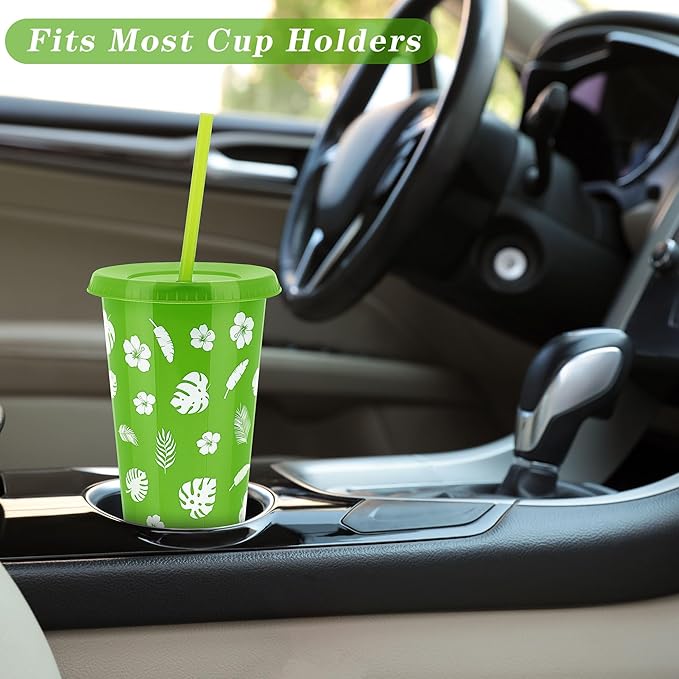 Kochorie 24 oz Hawaiian Luau Tumbler Cups with Straw and Lid - 6 Design Reusable Plastic Travel Mug Cup for Luau, Tiki Party Favors