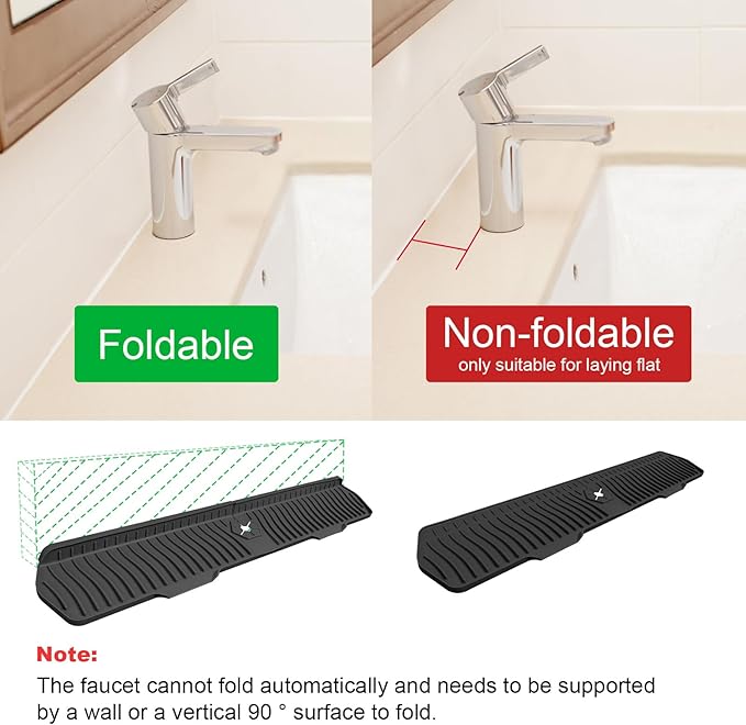 Faucet Guard - 90 Foldable Draining Mat for Kitchen & Bathroom Sink with 2 Drain Ports (Black, 29.9"*5.9")
