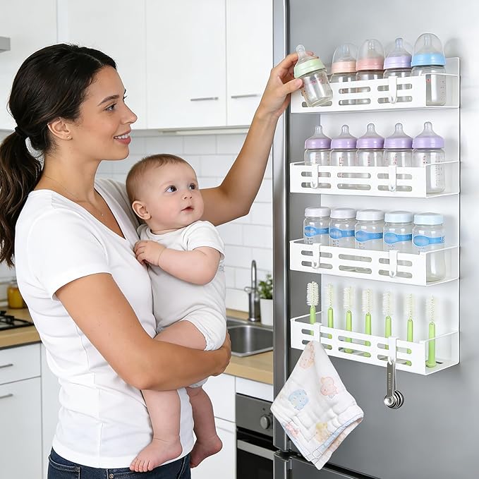 4 Pack Magnetic Baby Bottle Organizer for Refrigerator, Space Saving Bottle Organizer Rack, Durable Metal Shelves with 8 Hooks, Storage for Baby Bottles, Pacifiers, and Brushes