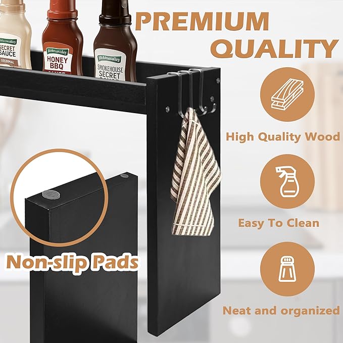 Over The Stove Shelf, Wood Stove Top Shelf,31.5" Stove Top Organizer Shelves with 6 Hooks,11.5" Height Over Stove Spice Rack for Kitchen, Black