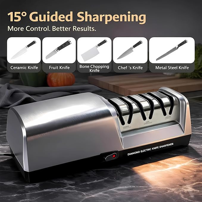 Electric Knife Sharpener for Kitchen, 3-Stage Professional Kitchen Knife Sharpener with 15° Precision Angle Guide, Fast & Portable Stainless Steel Grinding Tool for Sharpening, Repairing & Polishing