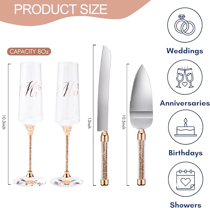 Wedding Champange Flutes and Cake Knife Server Set, Rose Gold Mr and Mrs Champagne Glasses for Bride and Groom Toasting