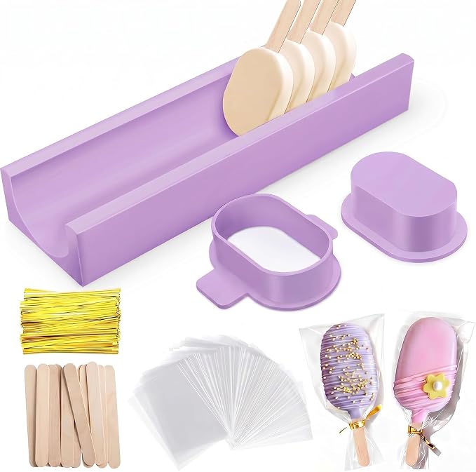 3 Inch Cakesicle Cutter and Cake Pop Mold Set with 8.7in Tray, 100 Wooden Sticks & 100 Bags, Silicone Cakesicle Mold for Homemade Cake Pops, Baking, Birthdays and Party Desserts (Purple)