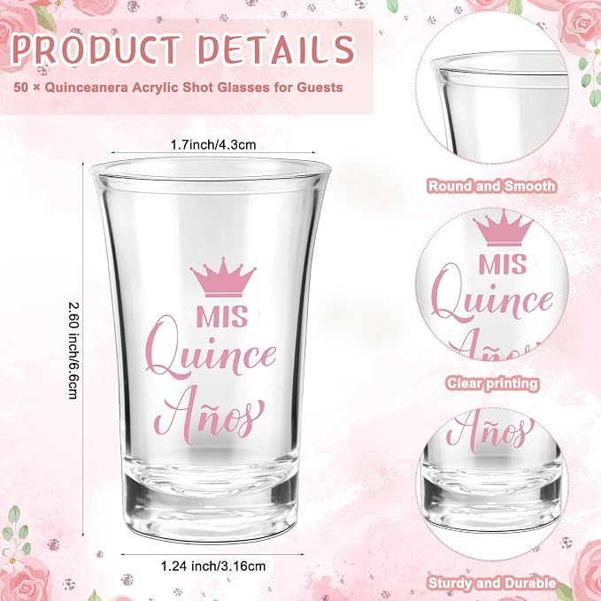Havawish 50 Sets Quinceanera Party Favors for Guests Quinceanera Acrylic Clear Personalized Shot Glasses Thank You Cards with Organza Bags Mis Xv Años Sweet 15 Birthday Party Favors (Pink)