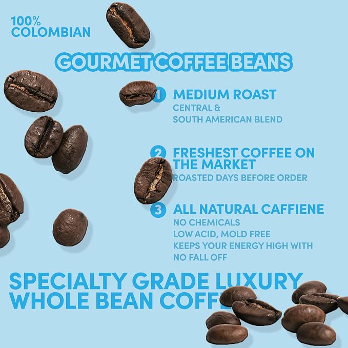 2 lb Whole Bean Coffee, 100% Colombian Coffee, Colombia Excelso, Medium Roast, Low Acid, Specialty Grade, Mold Free, 32 oz