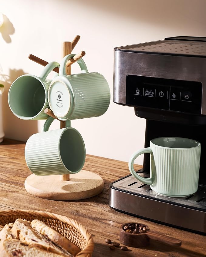 famiware Coffee Mug Set for 6, Star 12 oz Catering Mugs Cup Set with Handle for Coffee, Tea, Cocoa, Milk- Ceramic Stoneware Drinkware Set, Light Green