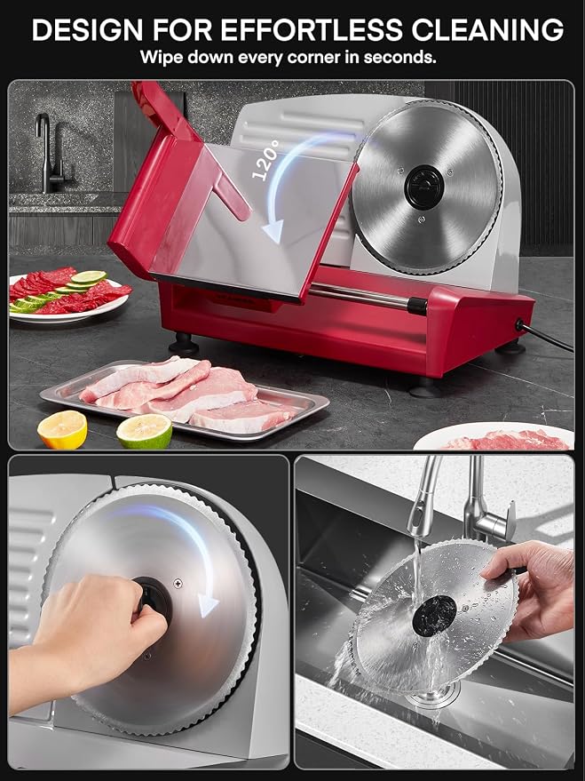 FOHERE 250W Meat Slicer Machine for Home, Electric Food Slicer with Stainless Steel Tray & Three 7.5" Stainless Steel Blade, 0-15mm Precise Thickness Deli Meat Slicer for Bread Fruit Vegetable (Red)