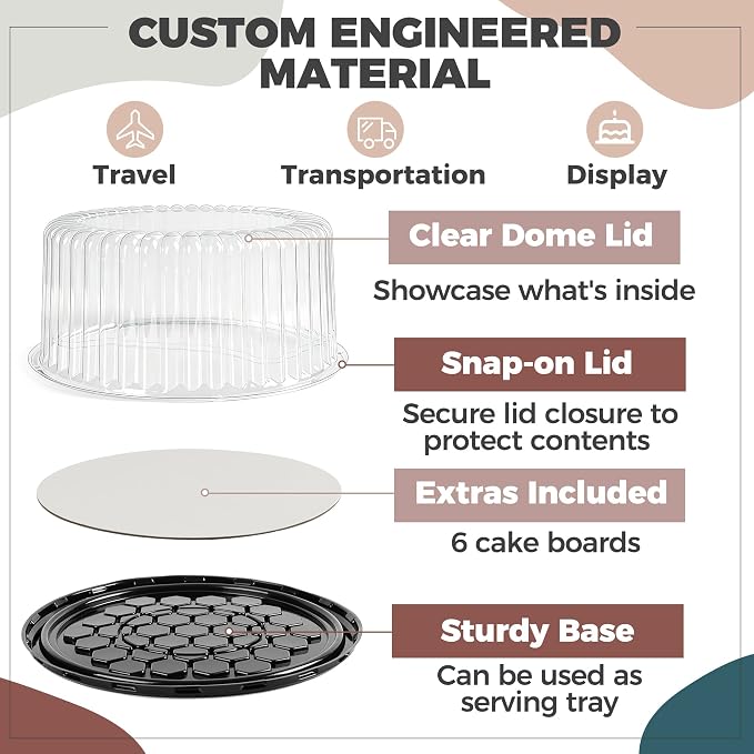 6-Pack Cake Carrier Holder Container for 10 Inch Round Cakes - Plastic Disposable Cake Containers, Take Out Storage w/Clear Dome Lids, Black Base Serving Trays, White Cake Boards, 12 x 5 Inches