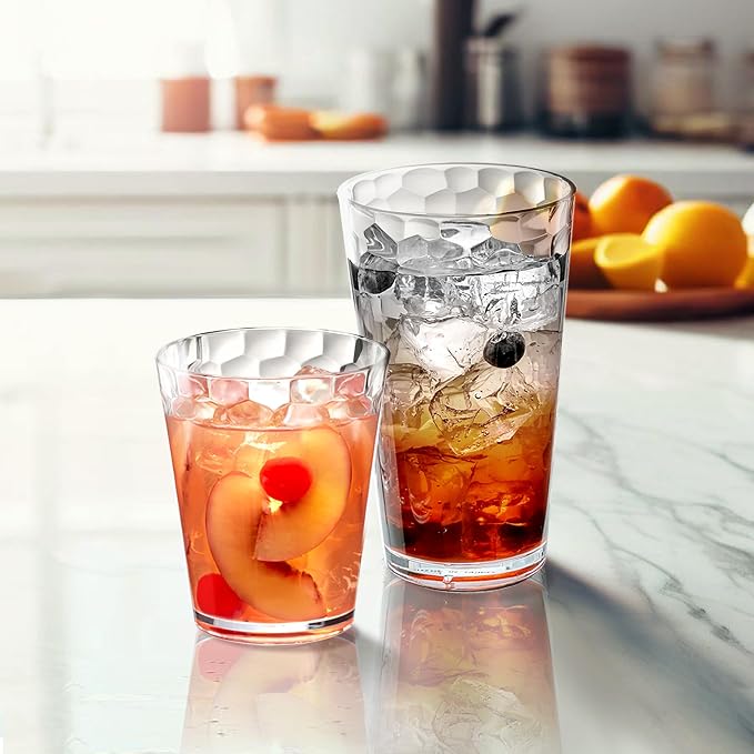 Amazing Abby - Iceberg - 16-Ounce and 24-Ounce Plastic Tumblers (Set of 12), Plastic Drinking Glasses, All-Clear Reusable Cups, Stackable, BPA-Free, Shatter-Proof, Dishwasher-Safe