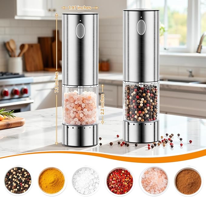 HomeHacks Upgraded Larger Capacity Electric Salt and Pepper Grinder Set, Rechargeable Type-C with LED Light, Stainless Steel Automatic & 6 Adjustable Coarseness, Ideal as Mothers Day Gifts