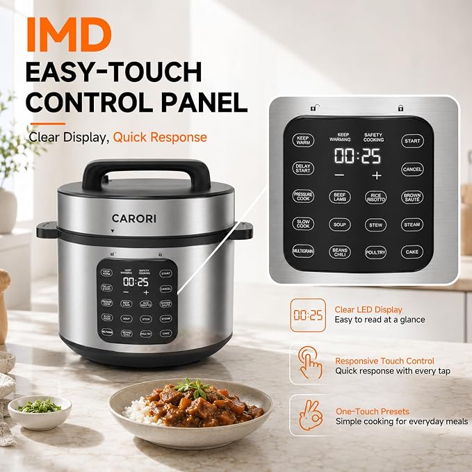 CARORI 8Qt,9-in-1,1200W Electric Pressure Canner, IMD Touchscreen, Non-Stick Pot. Quick, Time-Saving, Healthy. Olla de Presion (Ollas). Safe Venting.Rice,Slow,Steamer, Sauté, Warmer, Silver