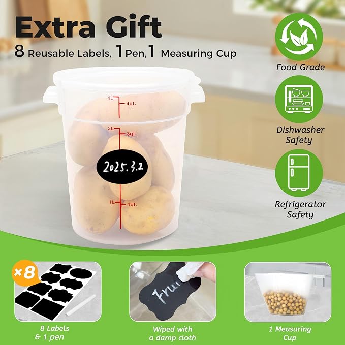 BIEAMA 4 Pack 4 Qt Round Food Storage Containers with Lids, Translucent PP | Include lids, labels, measuring cups and containers with capacity markings for food prep, pantry storage and dough proofing.