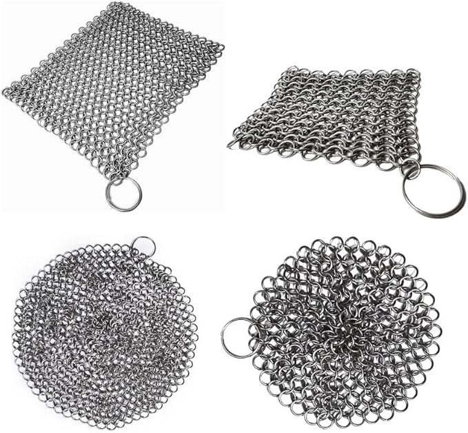 Mythrojan Cast Iron Scrubber 316L Stainless Steel 4 Pack Skillet Cleaner Chainmail Scrubber Scraper for Cast iron Pre-Seasoned Pans, BBQ Grills, Pot Cookware Cleaning