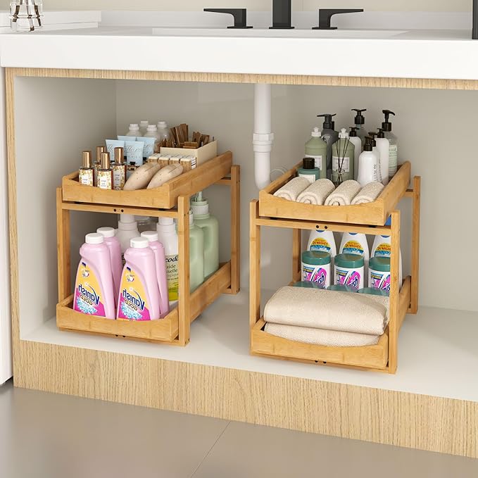 MHXW SXPN Bamboo Under Sink Organizer and Storage, Pull Out Cabinet Organization, 2 Tier Vertical Slide Out Undersink Storage Shelf, Organizer Shelves for Kitchen Bathroom Medicine (Natural, 2 Pack)