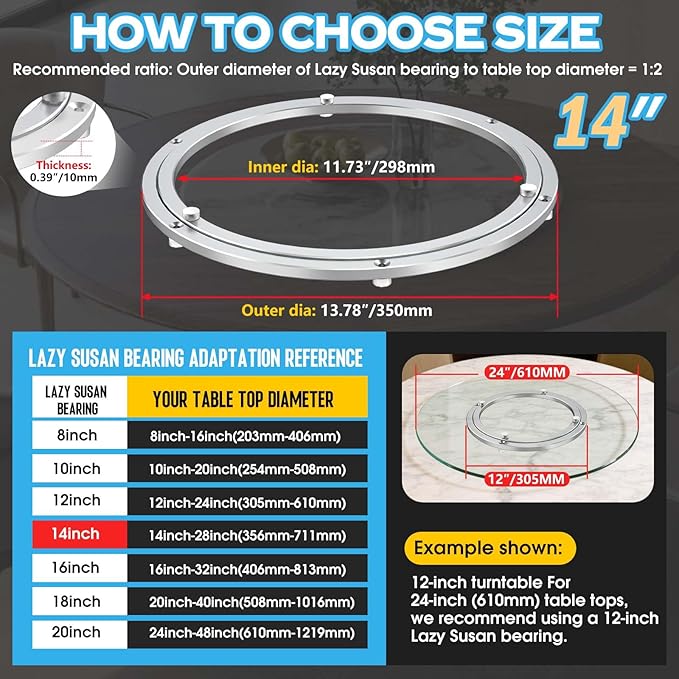 Lazy Susan Hardware,14 inch Heavy Duty Lazy Susan Bearing Kit,Rotating Serving Turntable for Aluminium Alloy Turntable Bearing,Swivel Base Hardware for Dining Table,DIY,Display Stand,Workbench