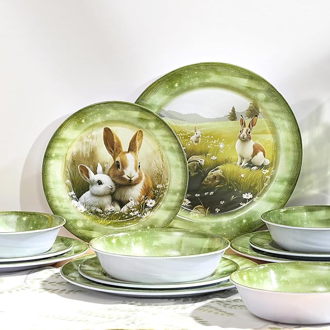 12-Piece Green Bunny Melamine Dinnerware Set，Garden Parties & Everyday Use | Lightweight Melamine Plate & Bowl Set for 4,Shatterproof Dishes Perfect for Family Gatherings & Stylish Dining Room Settings
