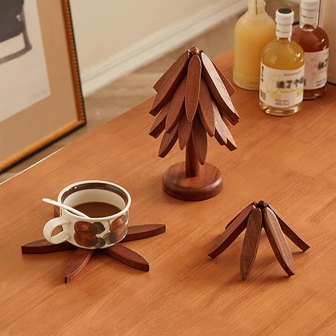 Natural Tree Trivet Set - Natural Foldable Kitchen Trivets, Handmade Wooden Hot Pad Holder for Plates, Pots, Pans, Cup, Kitchen Dining Table Protection (Brown, S)