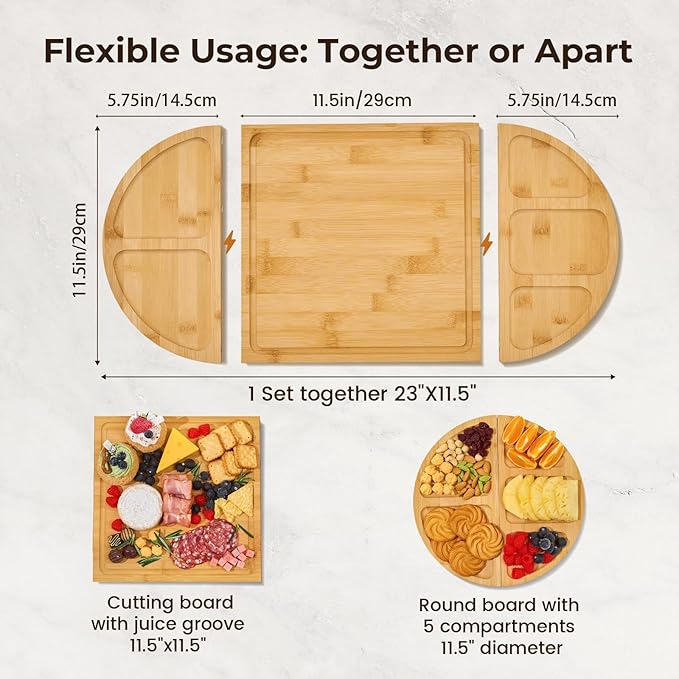 2Pack Charcuterie Board & Serving Set -Natural Bamboo Cheese Board with Magnetic Closure- Snack Tray Set, Perfert House Warming, Wedding & Couple Gift, Gifts for Mom & Women