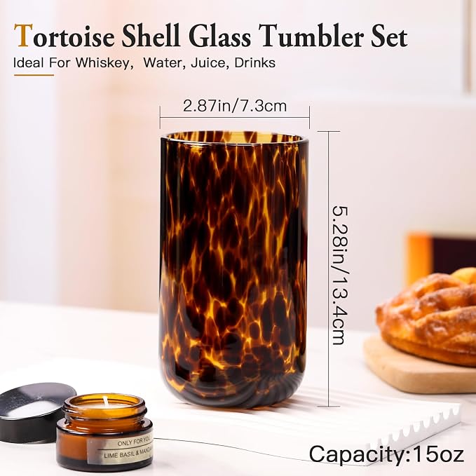 Tortoise Shell Drinking Glasses Set of 4, Brown Decorative Tortoise Shell Tumbler Cups for Wine & Drinks，Drinking Glasses for Wedding Gifts, Housewarming, Cocktail Party (6, 15oz)