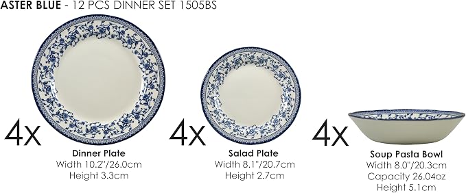 TUDOR ROYAL 12-Piece Round Porcelain Dinnerware Set, Service for 4 - Aster BLUE Design, Multicolor Floral, Plates Bowls Mugs Dishes, Premium Quality Tableware, Unique Pattern, Glossy