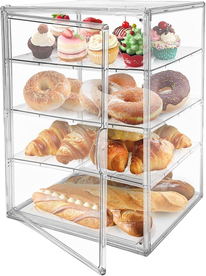 BOHOIDEE Extra Large 4 Tiers Clear Bread Box for Kitchen Counter, Acrylic Bread Keeper Stackable Storage Container Plastic Bread Bin Holder with Magnetic Door for Pantry Countertop