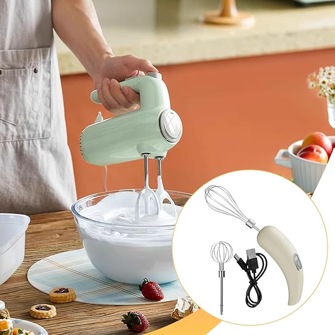 Electric Egg Beater Mini Handheld Milk Frother Cordless 5 Stainless Steel Whisk Attachment Suitable for Home, Beige