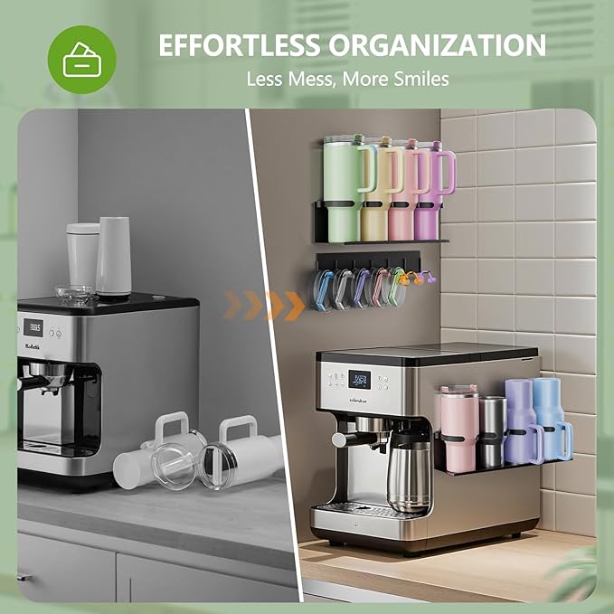 Max Capacity 8-Cup (2x4) Magnetic Stanley Cup Holder for Stanley & Yeti Tumblers (20/30/40oz) – Holds 4 Water Bottle Each, Tumbler Organizer with 7 Hooks for Kitchen Fridge & Metal Surfaces