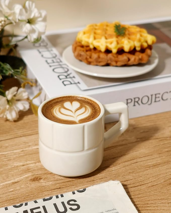 Ceramic Coffee Mugs Set of 4, Coffee Cups with Saucers, Cappuccino Cups with Saucers, Porcelain Cups, Coffee Cups for Tea, Latte, Espresso (Ivory-Geometric)
