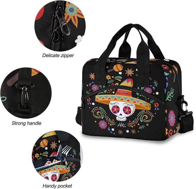 Cinco De Mayo Skull Insulated Lunch Bag Reusable Lunch Tote Bag Cooler Bag for Women Men Adult Lunch Box with Adjustable Shoulder Strap Leakproof Lunch Bag for Work School Picnic Camping