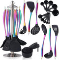 Silicone Cooking Utensils Set, 17pcs Kitchen Utensil Set with Rotatable Holder, Heat-Resistant Silicone Utensils for Cooking, Non-Stick Spatula Set with Stainless Steel Handle,Turner,Ladle (Rainbow)