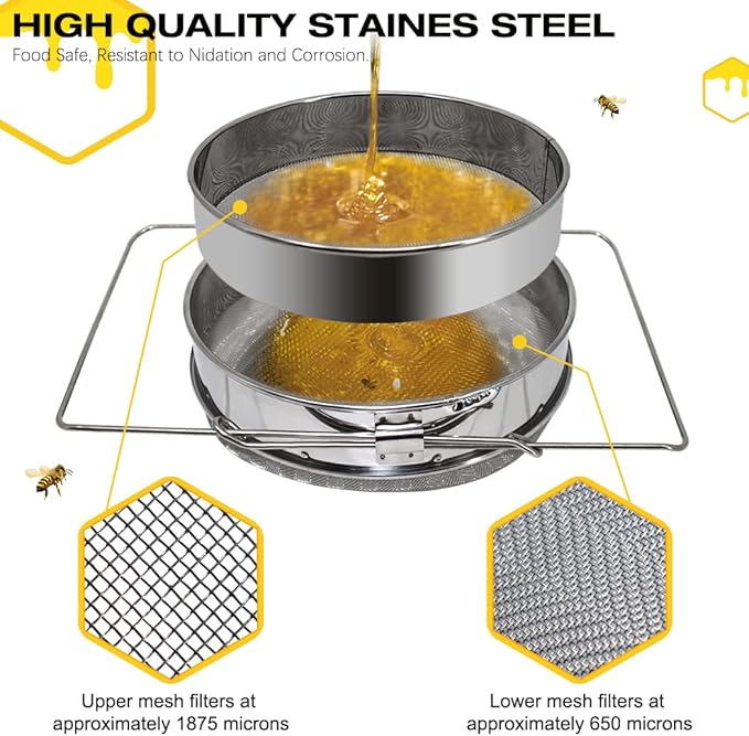 MayBee Double Sieve Honey Harvesting Kit for Beekeepers, Beekeeping Starter Kit Set of 5, Double Sieve Honey Strainer Stainless Steel, Frame Grip, Uncapping Fork, Honey Gate, Honey Filter Bag
