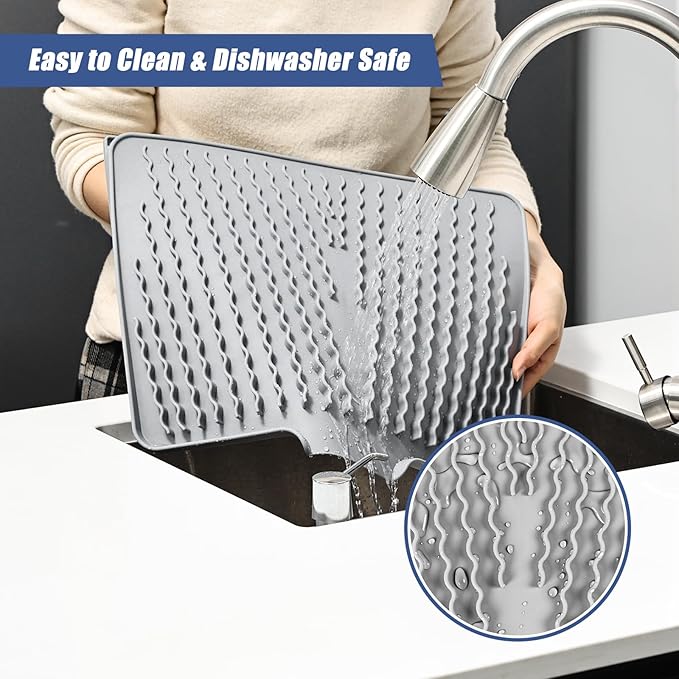 Silicone Dish Drying Mat for Kitchen Counter, Heat-resistant Dish Dryer Mat with Built-in Drain Lip ,Drain Pad Protects Surfaces Prevents Water Build UP