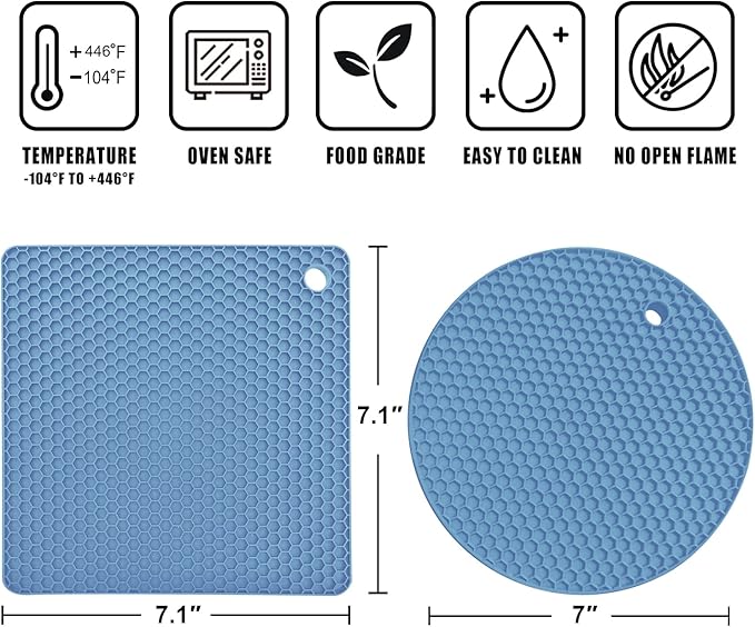 Walfos Silicone Trivet Mats - 4 Heat Resistant Pot Holders, Multipurpose Non-Slip Hot Pads for Kitchen Potholders, Hot Dishers, Jar Opener, Spoon Holder, Food Grade Silicone & BPA Free (Nordic Blue)
