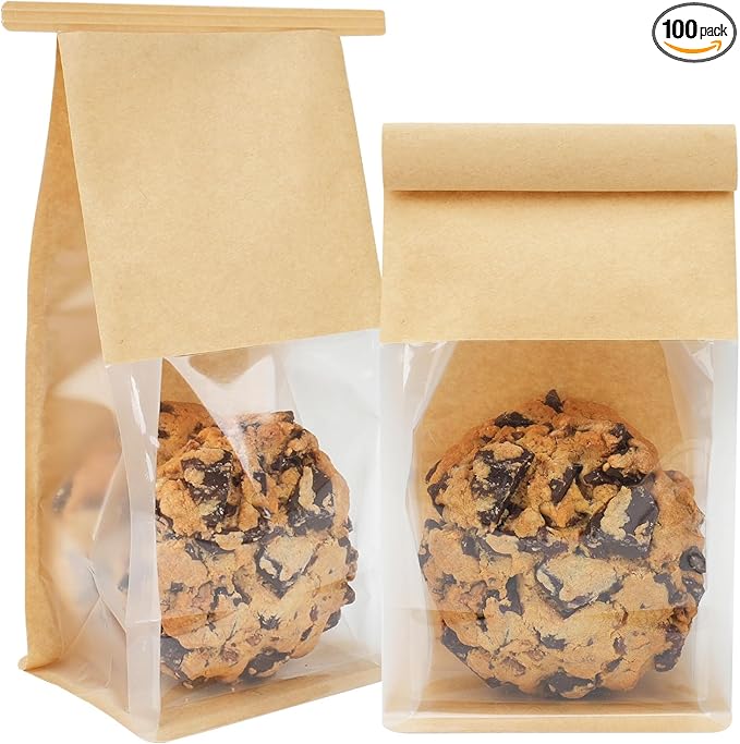 100 Pack Cookie Packaging Bags, 3.9x3.1x8.2 Inches Small Bakery Bags with Window Tin Tie Tab Lock Resealable Paper Treat Bag for Baked Goods Gift Giving and Bake Sale | Thick Material, Grease Resistant, Self Standing