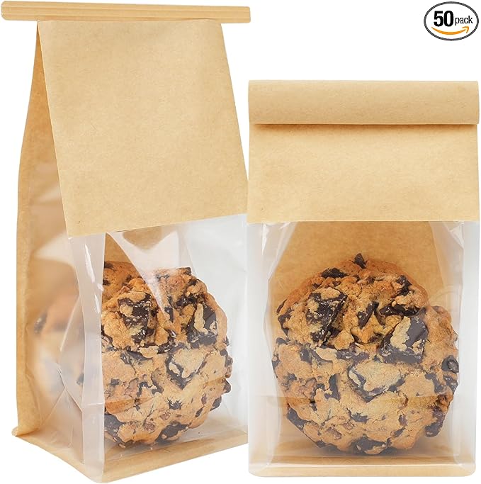 50 Pack Cookie Packaging Bags, 3.9x3.1x8.2 Inches Small Bakery Bags with Window Tin Tie Tab Lock Resealable Paper Treat Bag for Baked Goods Gift Giving and Bake Sale | Thick Material, Grease Resistant, Self Standing