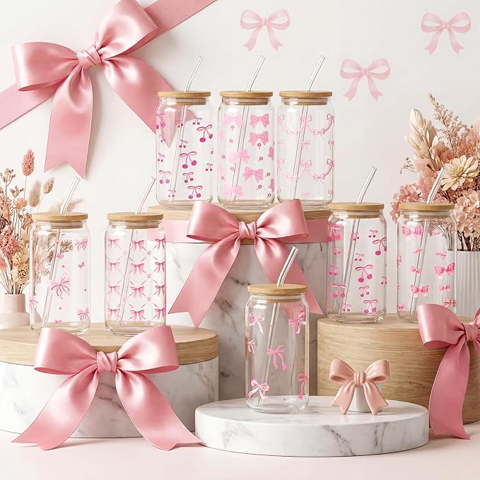 Mumufy 16 Sets Coquette Bow Glass Cups with Clear Gift Bag 16 oz Reusable Pink Iced Coffee Mugs Aesthetic Cute Tumbler with Lids and Straws, Gifts for Girls Women Bridesmaid