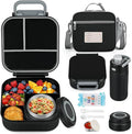 Itslife Bento Box for Kids Set, Insulated Food Container,Kids Lunch Box, 7 oz Thermos for Hot Food, 12 oz Thermos Water Bottle, Reusable Insulated Ice Bag & Fork Spoon Utensils Camping Travel Black