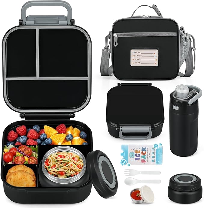 Itslife Bento Box for Kids Set, Insulated Food Container,Kids Lunch Box, 7 oz Thermos for Hot Food, 12 oz Thermos Water Bottle, Reusable Insulated Ice Bag & Fork Spoon Utensils Camping Travel Black
