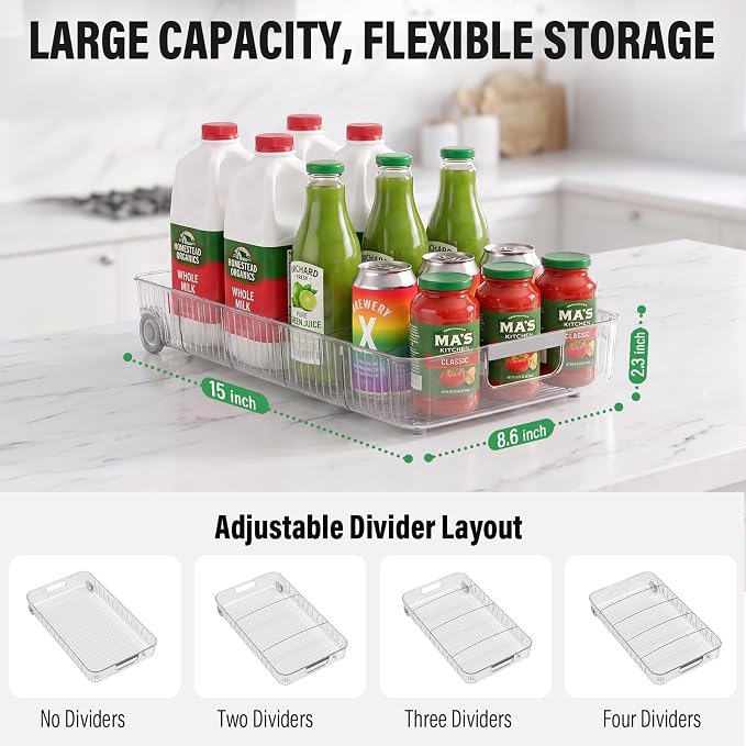 Fridge Organizer Bins with Wheels, Pull Out Fridge Organizer, Adjustable Dividers and Easy Pull Handles, Clear Plastic, 2-Pack, Suitable for Kitchen, Pantry and Cabinet Deep Shelves
