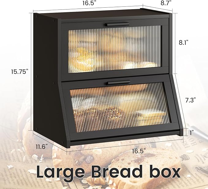 GHWIE Double Layer Bamboo Bread Box for Kitchen Counter,Large Capacity Storage Bin with Acrylic Wavy Door Panel (Black, Extra Large)