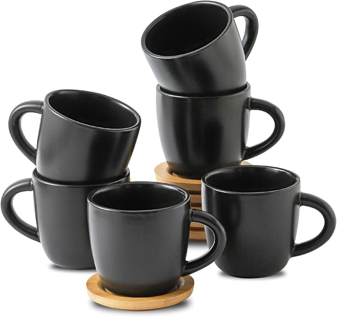 HASENSE 6 oz Cappuccino Cups with Saucers, 6 Pcs Ceramic Espresso Cups with Handle for Double Shot, Latte, Cafe Mocha, Stackable Coffee Cups Demitasse Cups with Handle for Cafes, Home, Office, Black