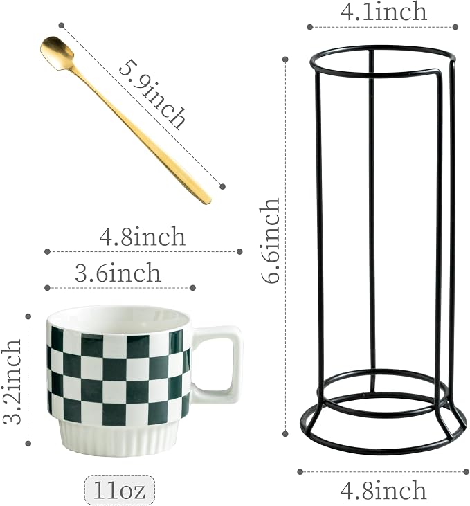 Miamolo Coffee Mugs with Stand and Spoons, Stacking Space-saving | 11oz, Set of 4 | Checkered Coffee Mug with Rack | Housewarming Birthday Gift | Dishwasher Safe | for Home Kitchen Office